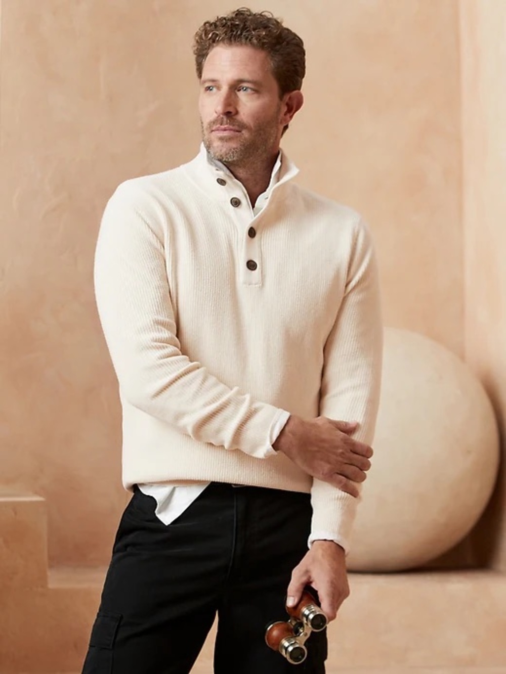 Banana Republic Men's Cream Ribbed Button-Neck Turtleneck Sweater 100% Cotton